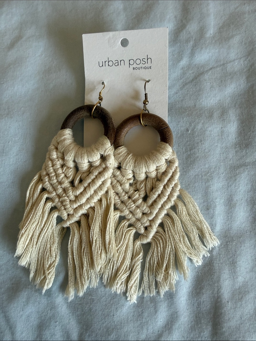 Urban Posh Cream Macramé Fringe Earrings with Wooden Hoop